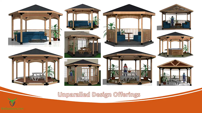 A collage of various wooden gazebo designs, some with benches, tables, or sofas, greenery accents, and different roof styles. The text reads Unparalleled Design Offerings at the bottom.