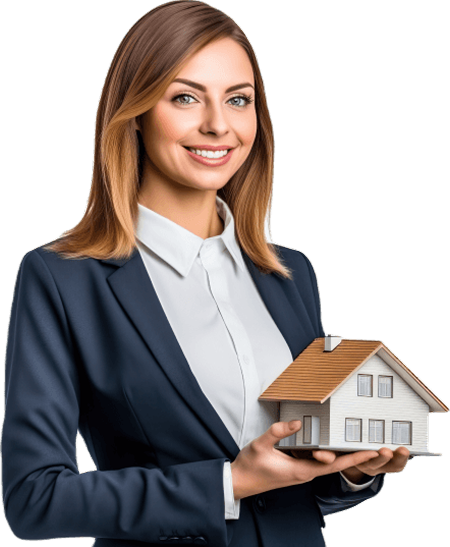 A smiling woman in a business suit holds a small model house in her hands, suggesting real estate or property services against a plain white background.