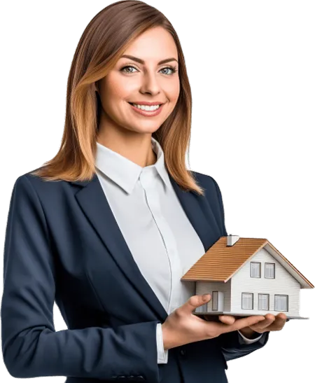 A smiling woman in a business suit holds a small model house in her hands, suggesting real estate or property services against a plain white background.
