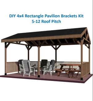 A wooden backyard pavilion with a peaked roof, featuring wooden beams and railings, providing a shaded outdoor living space for entertaining and relaxation.