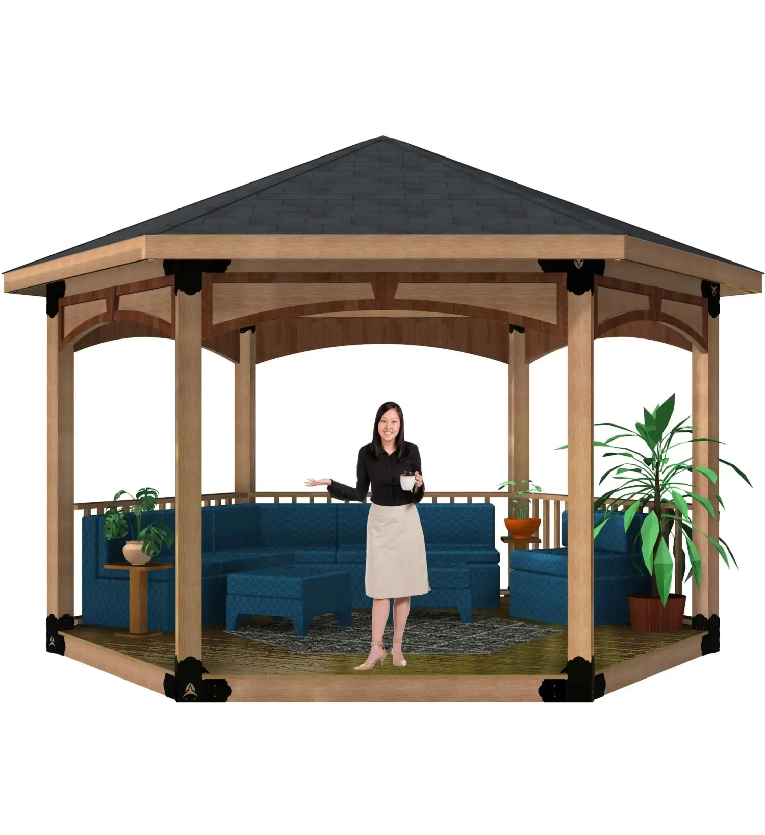 6F-HR ARCHES 1FEATUREIMG A woman stands inside a spacious wooden gazebo, showcasing comfortable blue seating and potted plants, creating an inviting outdoor atmosphere.