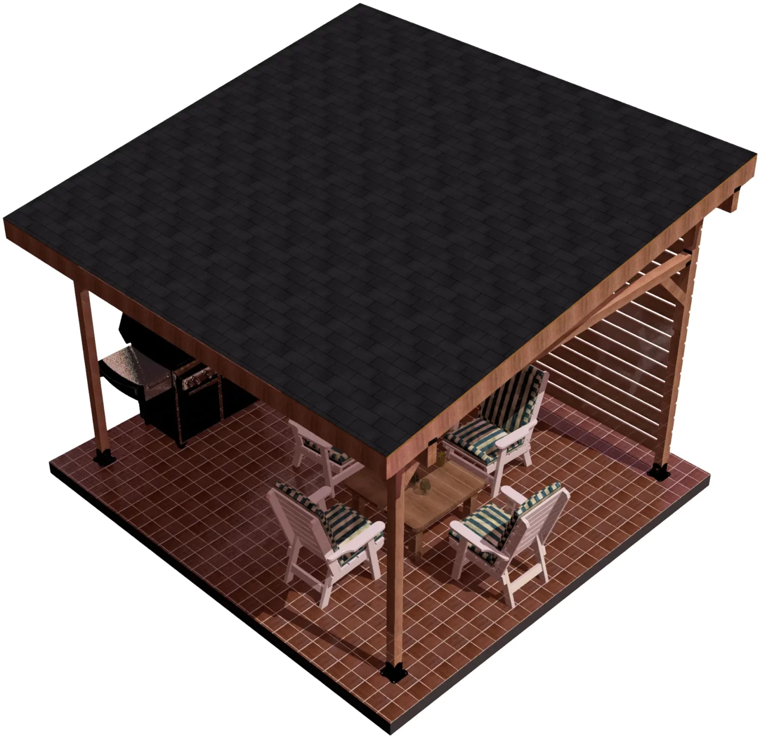 A 3D-rendered outdoor patio features the DIY 4x4 Lean To kit as a wooden pergola, a tiled floor, four cushioned chairs around a wooden table, and a black barbecue grill in the corner.
